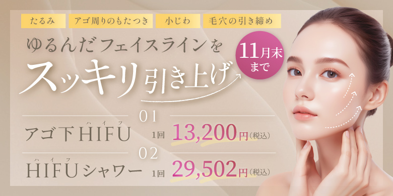 ゆるんだフェイスラインをスッキリ引き上げ たるみ アゴ周りのもたつき 小じわ 毛穴の引き締め アゴ下ハイフ 1回 13,200円 ハイフシャワー 1回 29,502円 税込 11月末まで