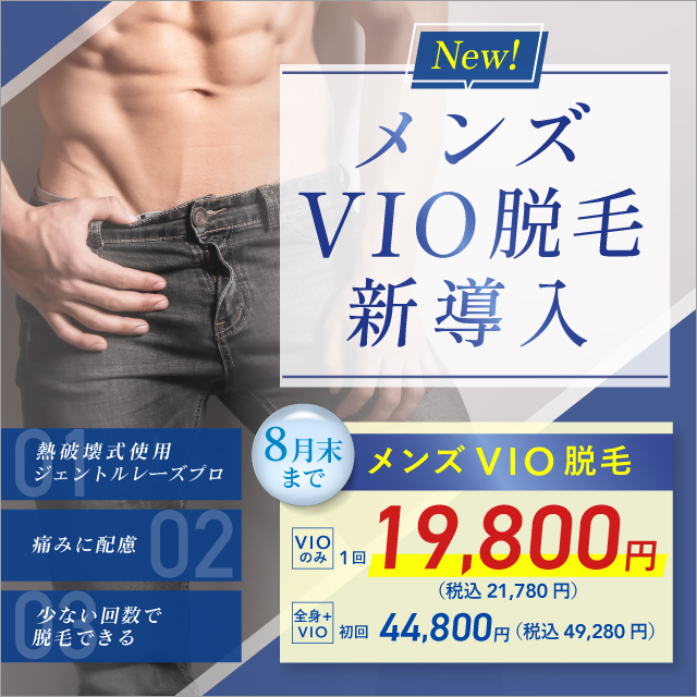 New メンズVIO脱毛新導入 1回 19,800円 税込21,780円 全身+VIO 初回44,800円 税込49,280円 熱破壊式使用 ジェントルレーズプロ 痛みに配慮 少ない回数で脱毛できる 月末まで