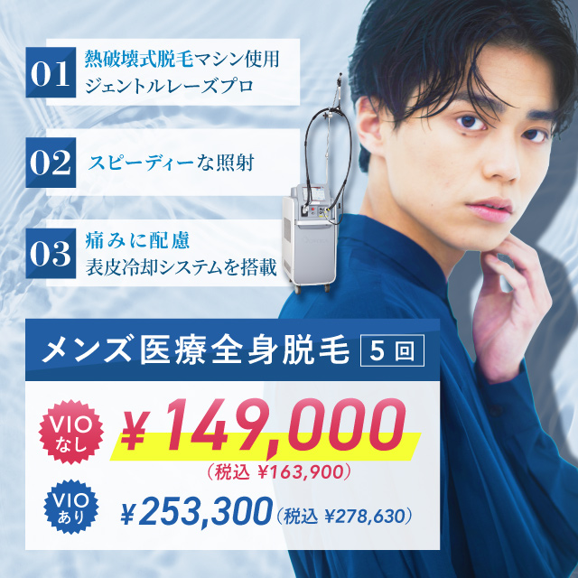 メンズ医療全身脱毛 5回 VIOなし ¥149,000 税込¥163,900 VIOあり ¥253,300 税込¥278,630 熱破壊式脱毛マシン使用 ジェントルレーズプロ スピーディーな照射 痛みに配慮 表皮冷却システムを搭載